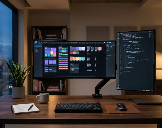Modern executive design workstation displaying autonomous modular UI component design tokens and production code streams