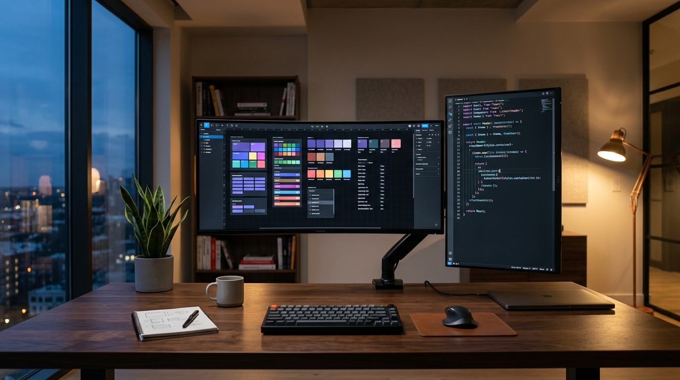 Modern executive design workstation displaying autonomous modular UI component design tokens and production code streams