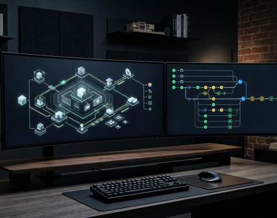 Minimalist luxury design studio workstation showing 3D modular design system component hierarchy and token sync pipeline