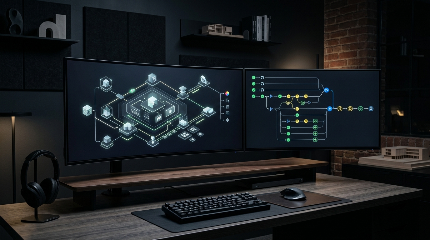 Minimalist luxury design studio workstation showing 3D modular design system component hierarchy and token sync pipeline