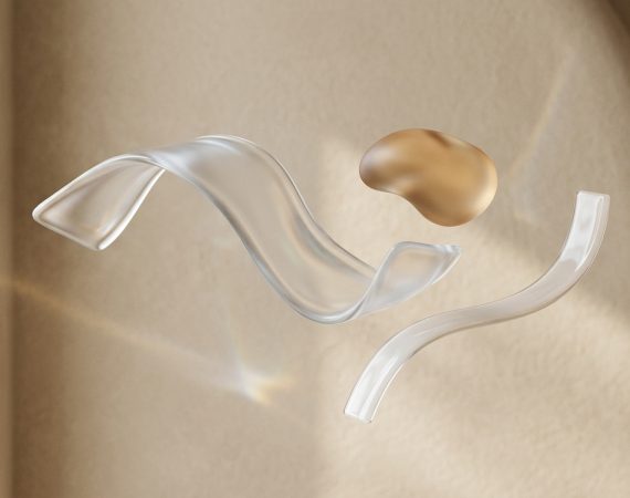 Minimalist 3D abstract translucent glass ribbons and warm organic shapes representing ambient UX interface design