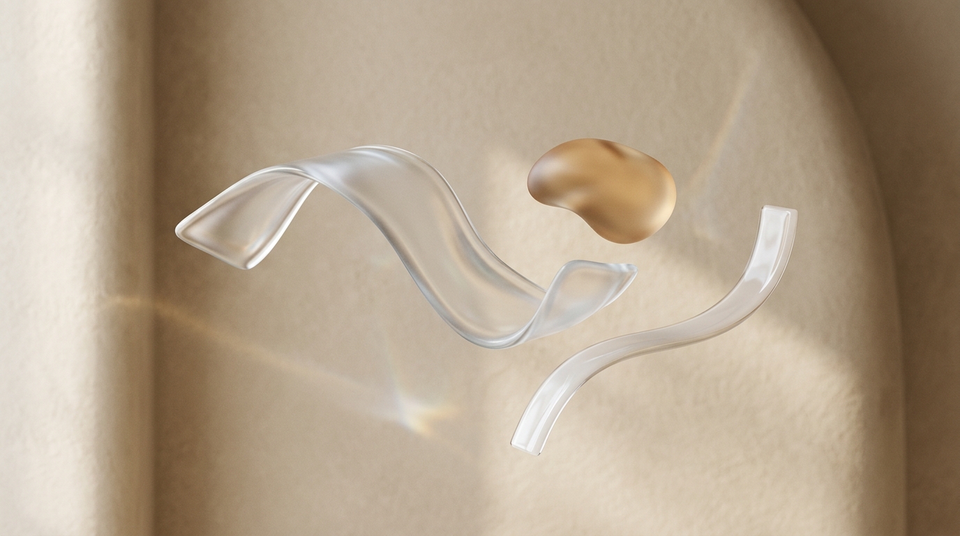 Minimalist 3D abstract translucent glass ribbons and warm organic shapes representing ambient UX interface design