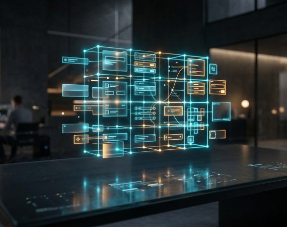 Minimalist luxury design studio showing floating translucent UI design token matrix with neon cyan and amber nodes