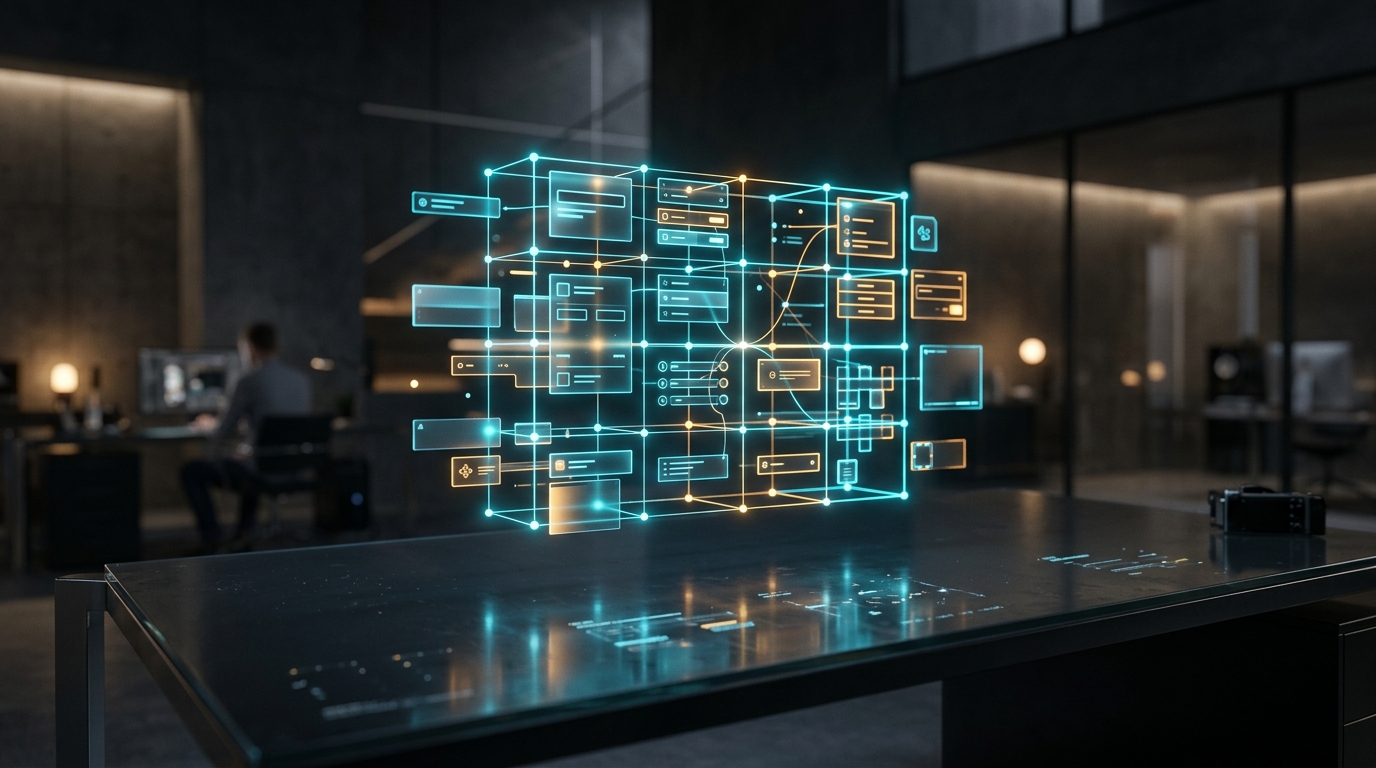 Minimalist luxury design studio showing floating translucent UI design token matrix with neon cyan and amber nodes
