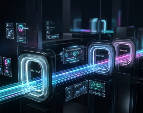 Futuristic sleek onboarding portal interface with glowing linear activation pathways in minimalist dark mode