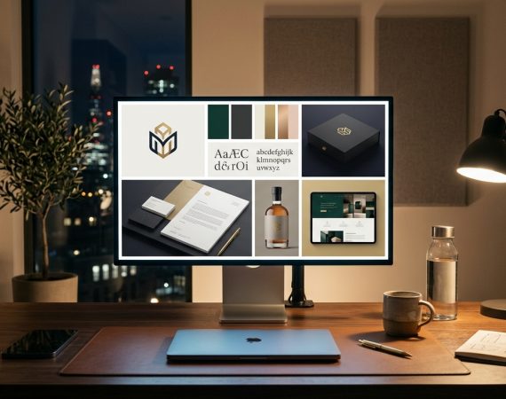 Premium brand identity mood board displayed on a monitor showing logo mark typography color palette and brand application mockups in a warm design studio