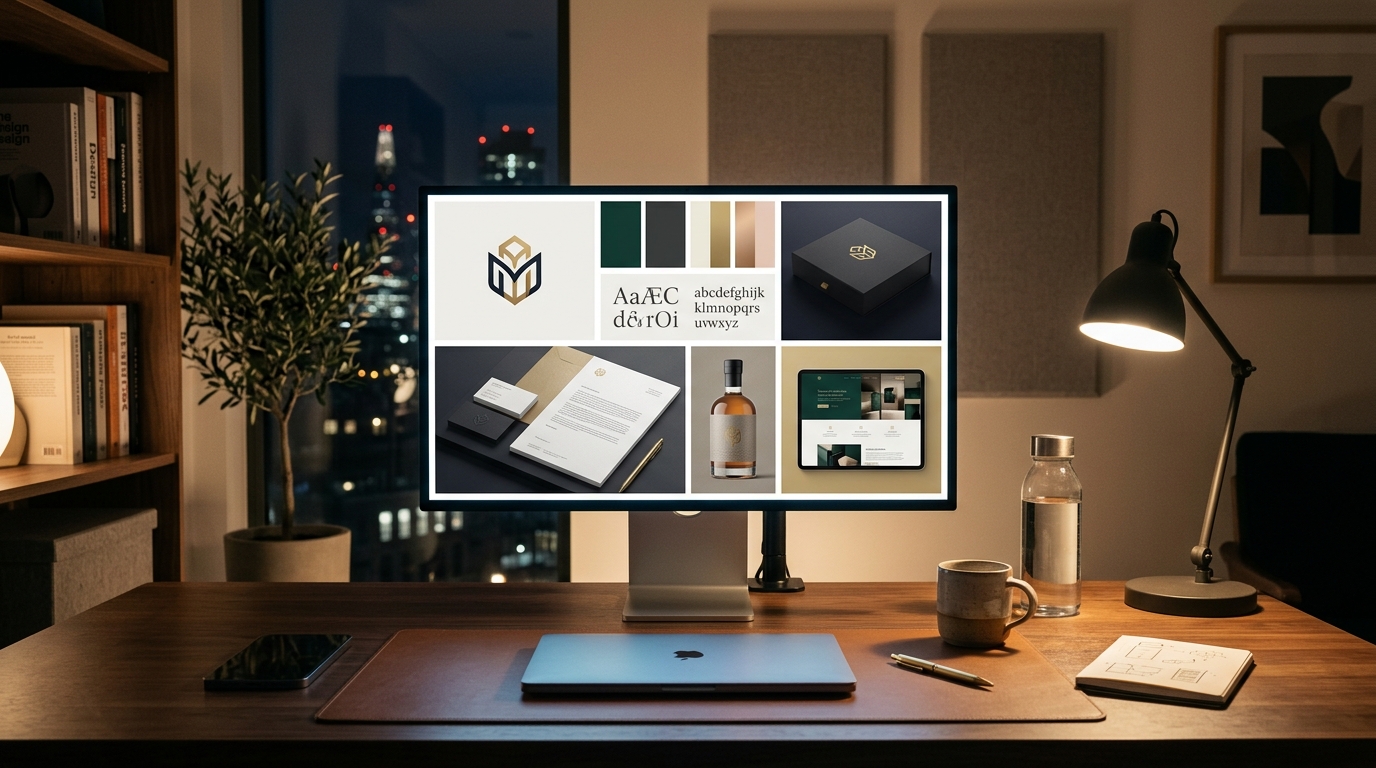 Premium brand identity mood board displayed on a monitor showing logo mark typography color palette and brand application mockups in a warm design studio