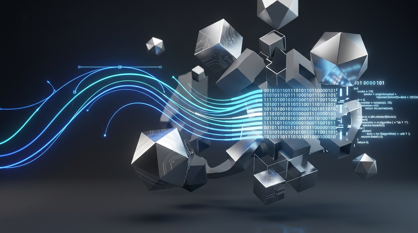 Luminous bezier curves converging into structured code blocks in abstract 3D chrome and graphite space