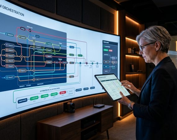 Senior design operations director reviewing interactive multi-brand design system dependency graph with automated PR validation checks on large studio display