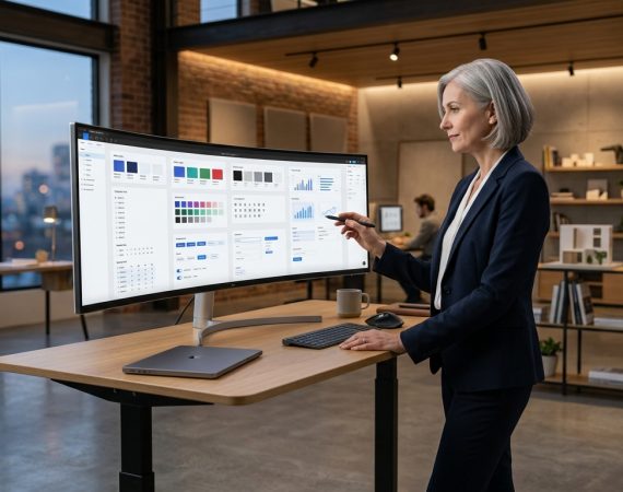Senior design leader reviewing a component library and design system on an ultra-wide monitor in a premium studio environment