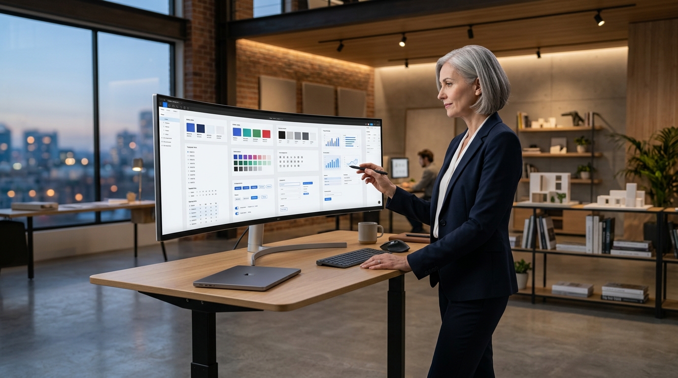 Senior design leader reviewing a component library and design system on an ultra-wide monitor in a premium studio environment
