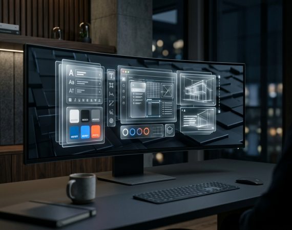 Ultra wide curved monitor in dark minimalist design studio displaying glowing 3D glassmorphic design token layers and variables