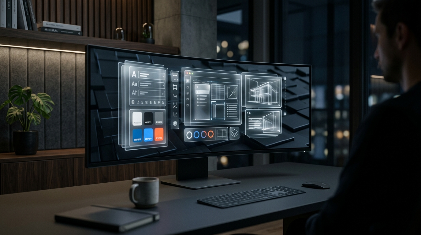 Ultra wide curved monitor in dark minimalist design studio displaying glowing 3D glassmorphic design token layers and variables