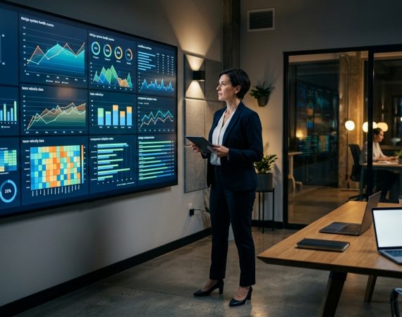 Design operations director reviewing DesignOps metrics dashboard on large wall-mounted display showing workflow velocity design system health and component adoption data
