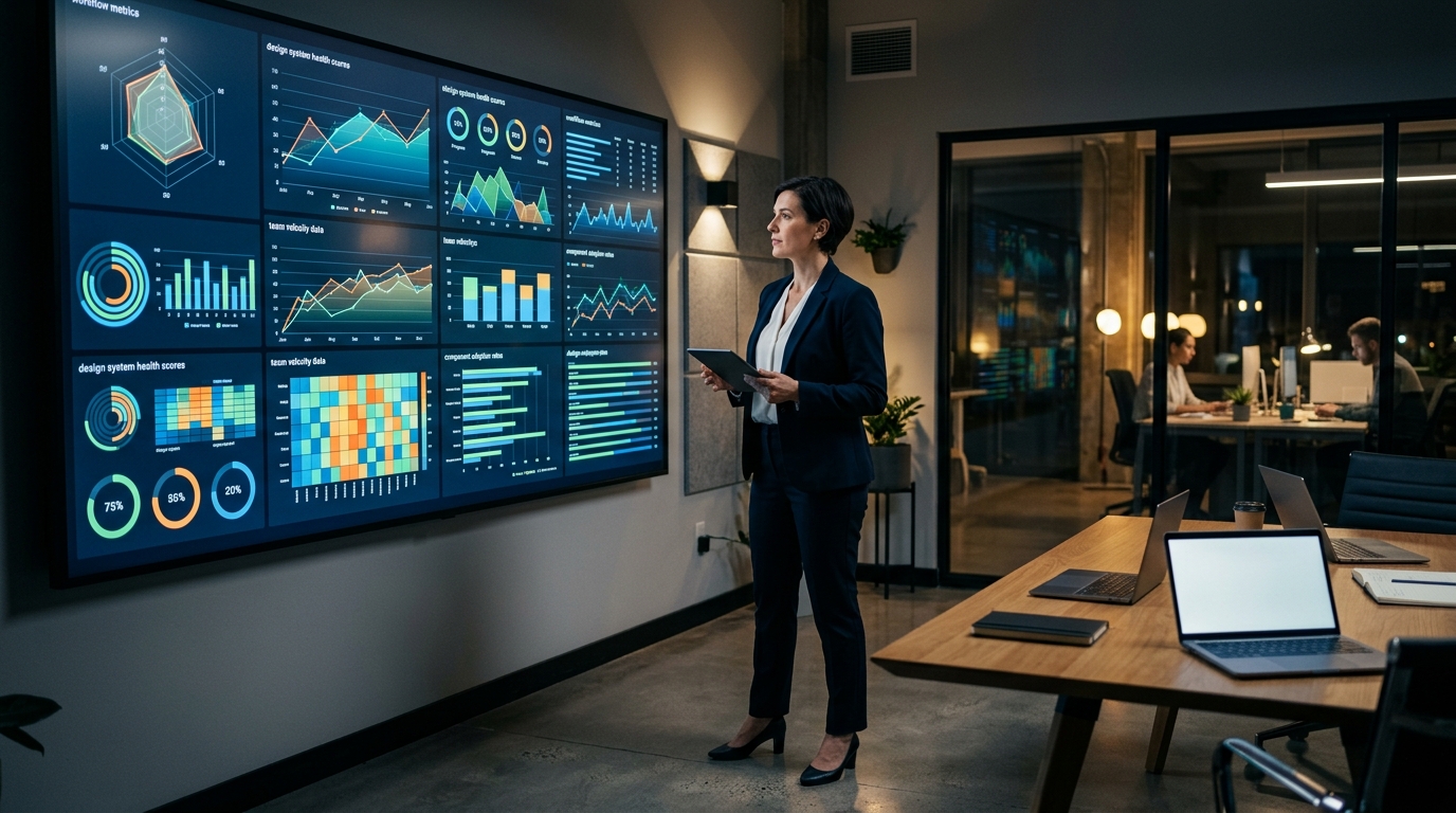 Design operations director reviewing DesignOps metrics dashboard on large wall-mounted display showing workflow velocity design system health and component adoption data