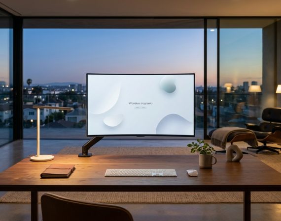 Minimalist luxury product design studio at dusk with curved OLED monitor on natural walnut desk displaying serene digital interface with generous negative space
