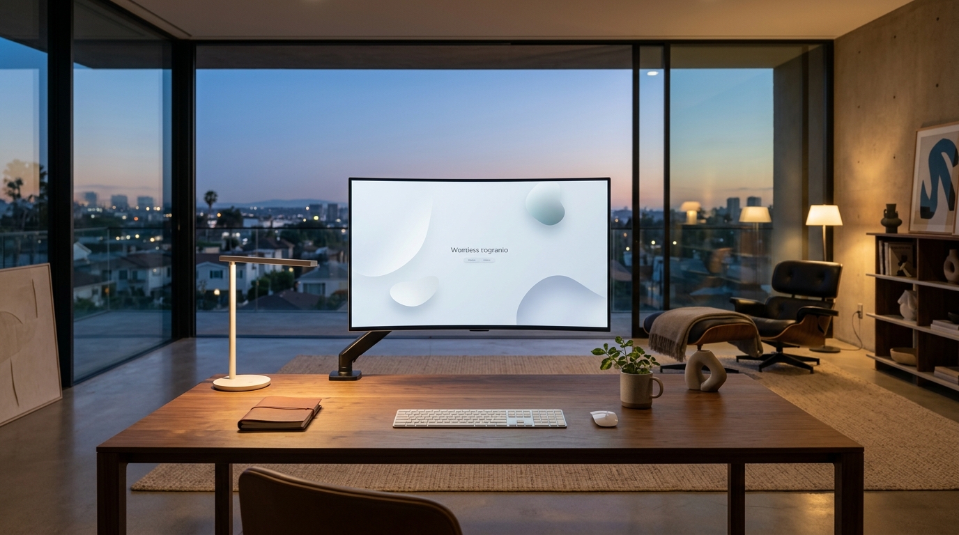 Minimalist luxury product design studio at dusk with curved OLED monitor on natural walnut desk displaying serene digital interface with generous negative space