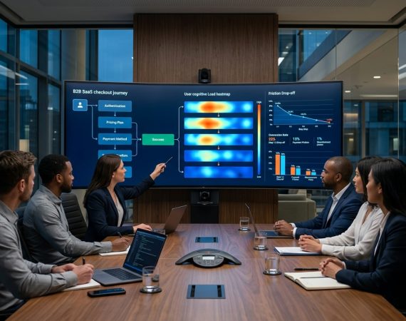 Fintech executive design review boardroom displaying B2B SaaS checkout conversion flow and user cognitive load drop-off analytics