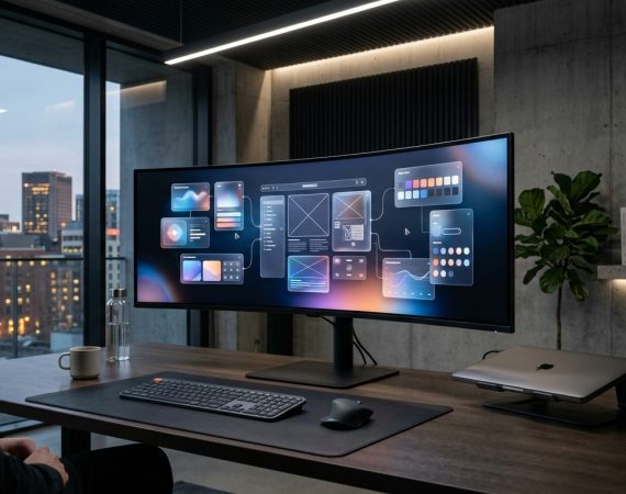 Modern ultra wide monitor in dark studio displaying dynamic modular glassmorphic Generative UI components