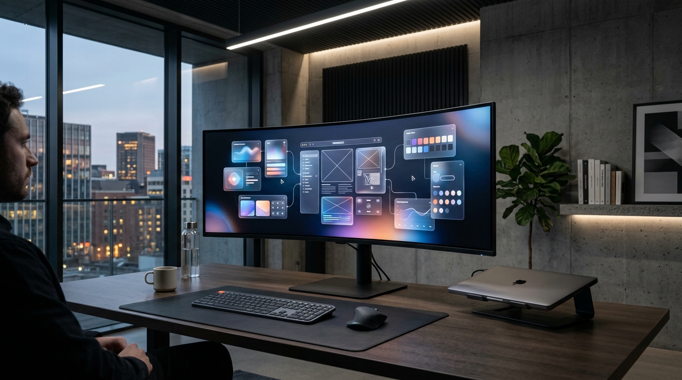 Modern ultra wide monitor in dark studio displaying dynamic modular glassmorphic Generative UI components