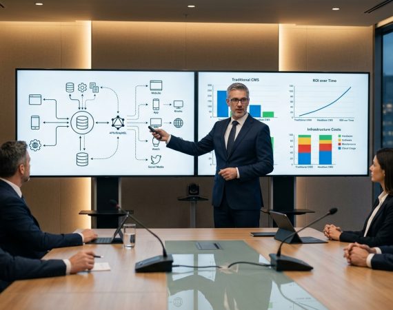Enterprise technology architect presenting decoupled headless CMS architecture diagram next to infrastructure ROI charts in executive boardroom