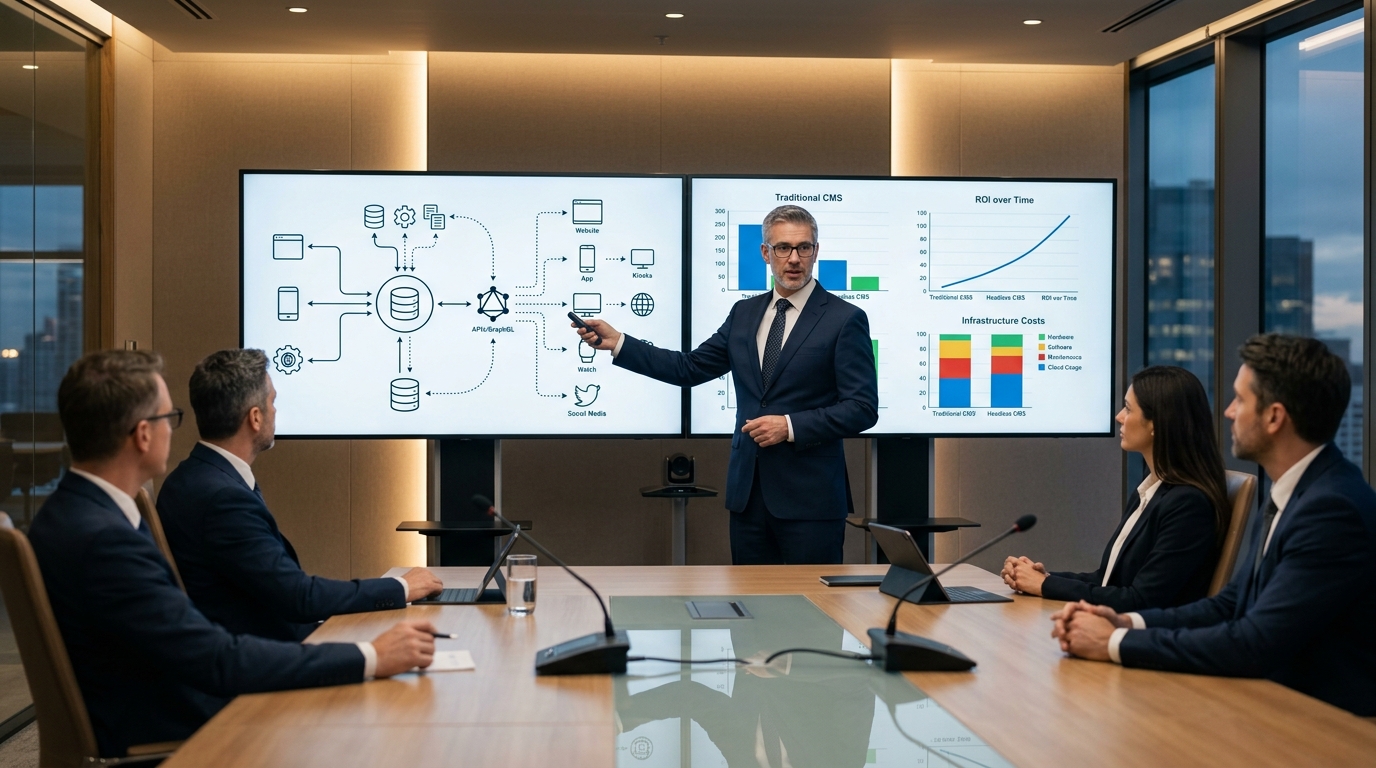 Enterprise technology architect presenting decoupled headless CMS architecture diagram next to infrastructure ROI charts in executive boardroom