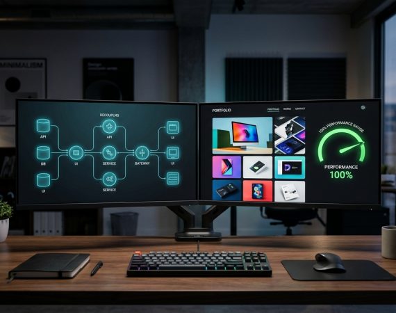 Modern luxury dual monitor workstation displaying decoupled headless API architecture flowchart and high performance website interface