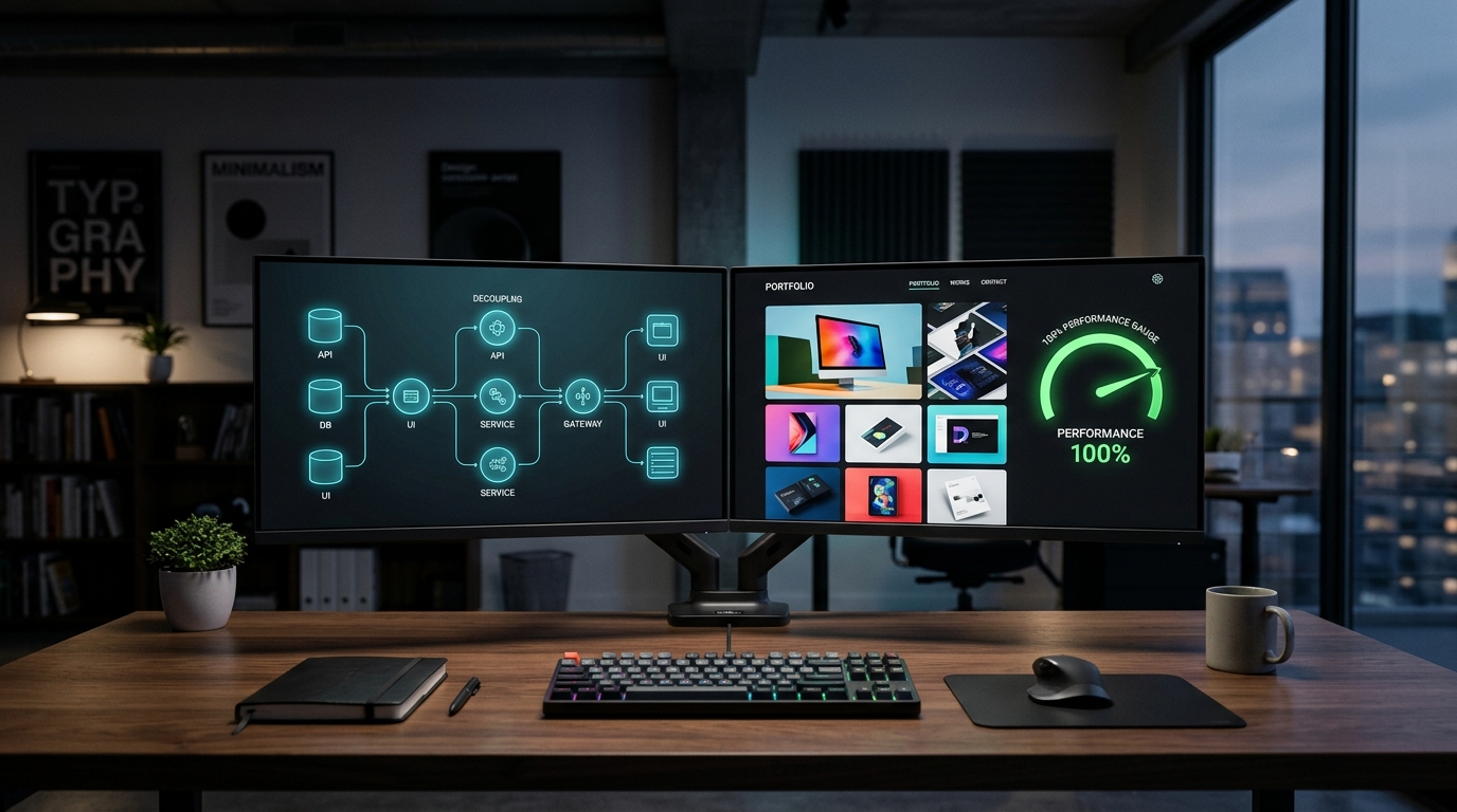 Modern luxury dual monitor workstation displaying decoupled headless API architecture flowchart and high performance website interface