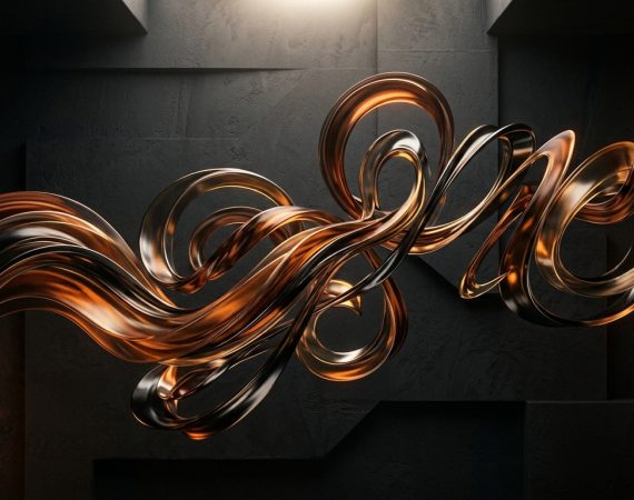 Abstract 3D bronze sculptural kinetic typographic ribbons morphing in motion against architectural textured backdrop