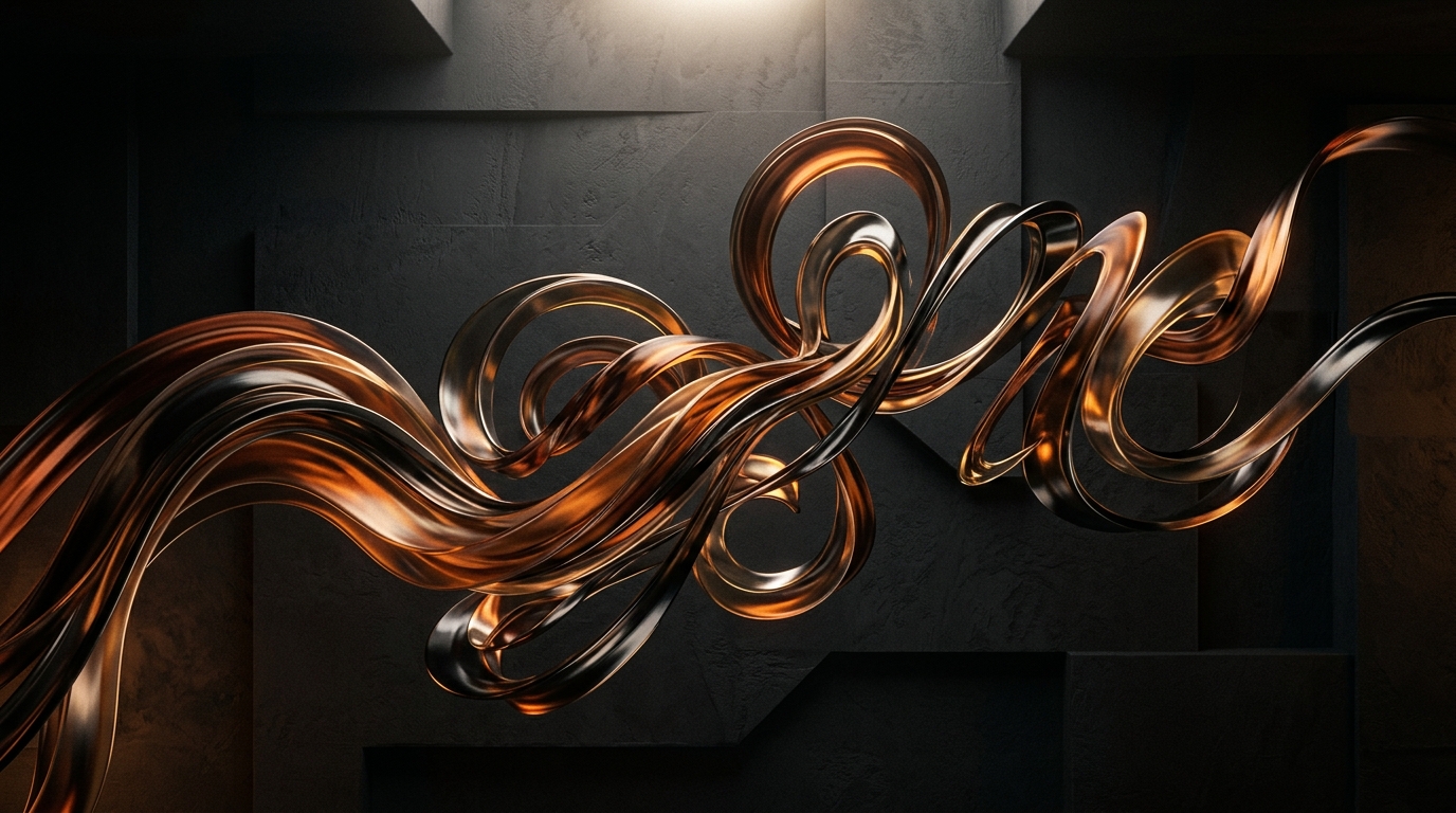 Abstract 3D bronze sculptural kinetic typographic ribbons morphing in motion against architectural textured backdrop