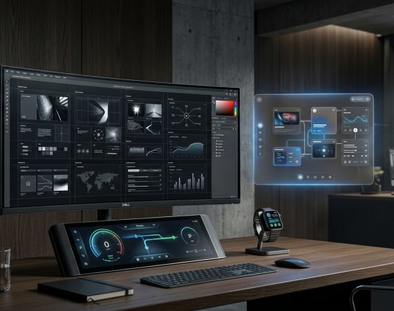 Modern luxury design studio workstation showing multi-surface brand identity rendered across curved monitor, in-car display, and spatial XR interface