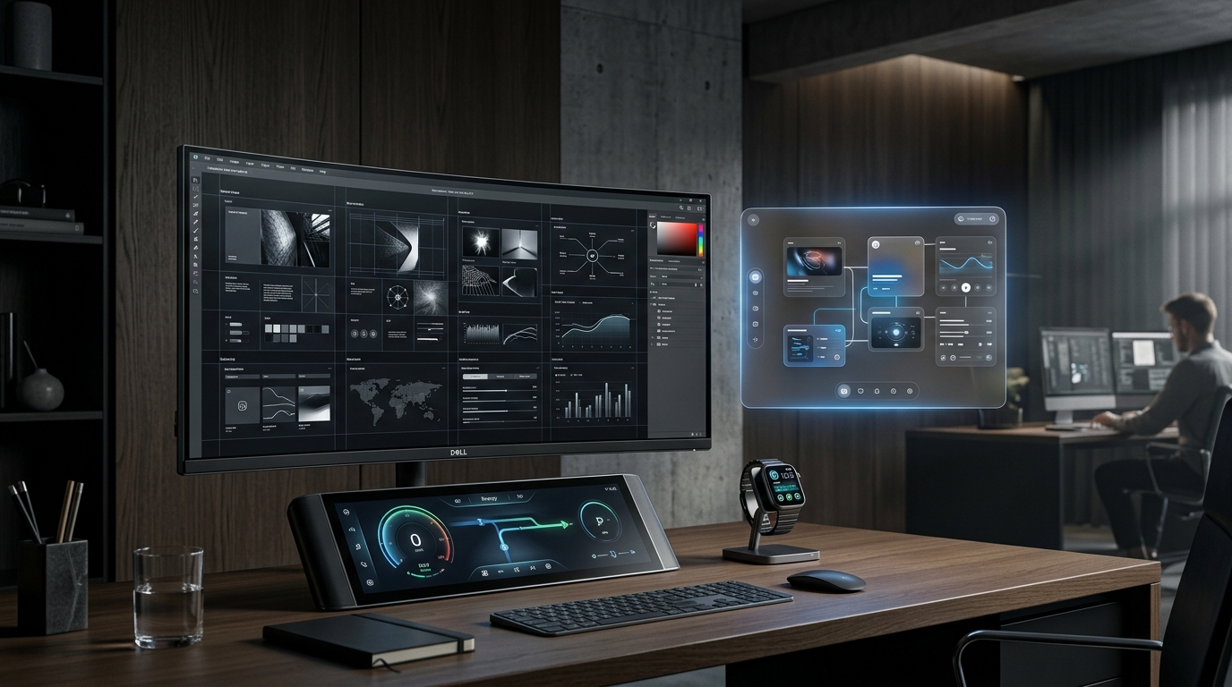 Modern luxury design studio workstation showing multi-surface brand identity rendered across curved monitor, in-car display, and spatial XR interface