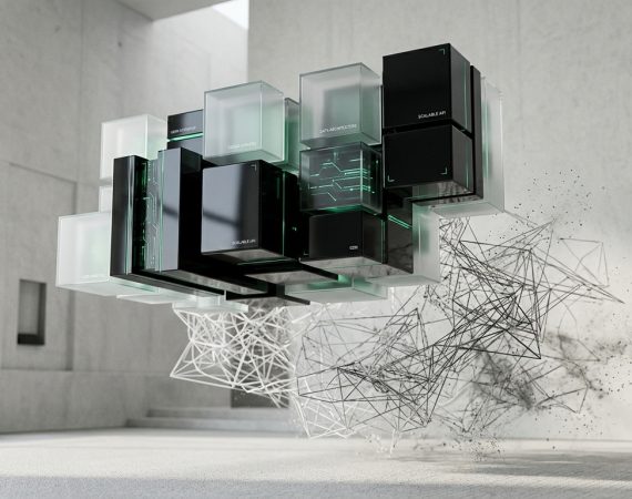 Abstract architectural comparison of clean decoupled modular blocks versus cluttered wireframe page builder bloat