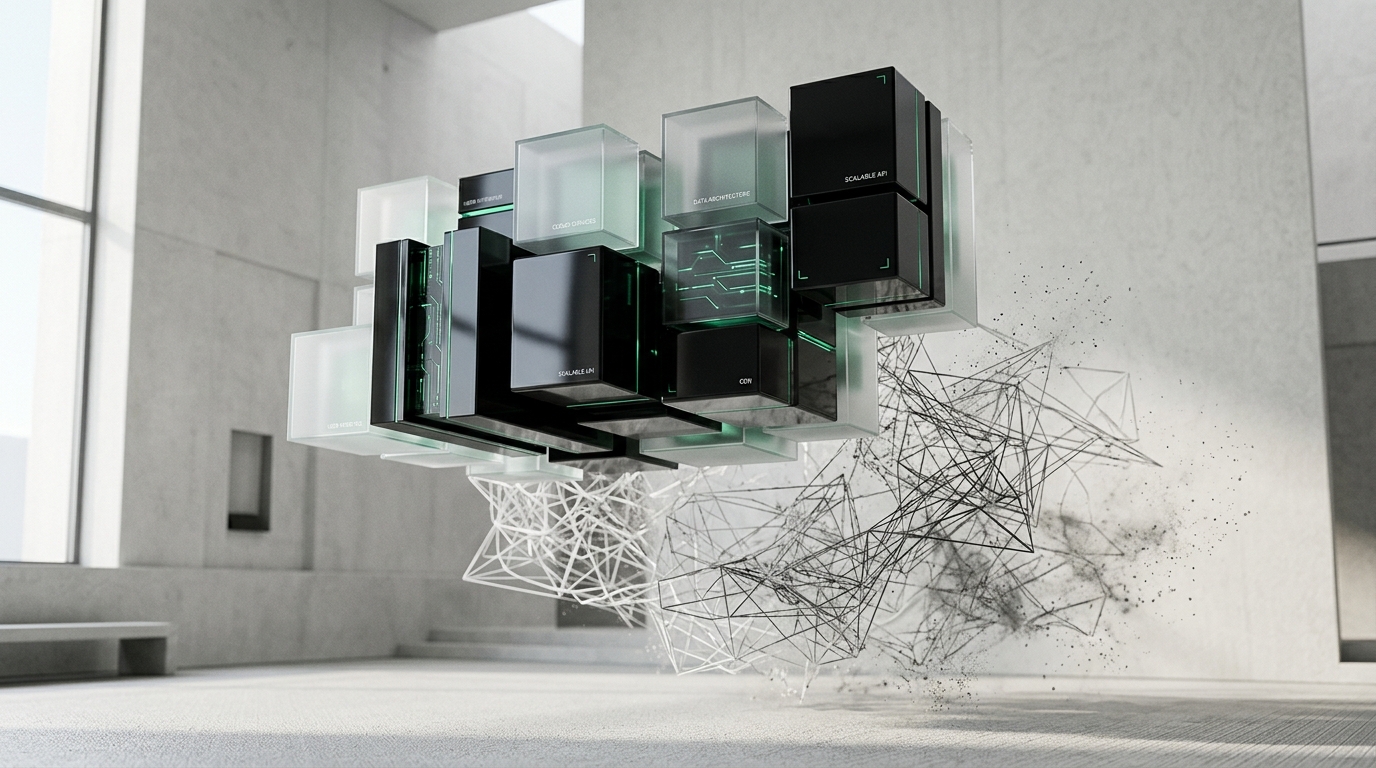 Abstract architectural comparison of clean decoupled modular blocks versus cluttered wireframe page builder bloat