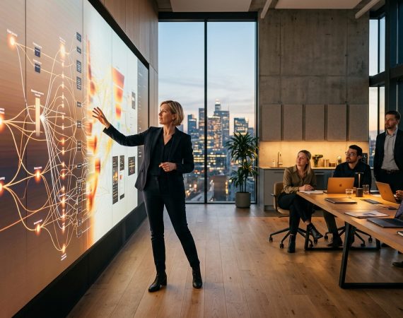 Product design executive presenting modular product-led design architecture canvas in modern enterprise studio