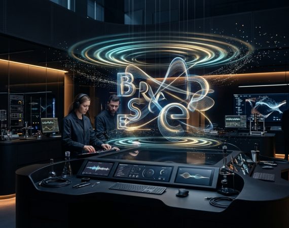 High-end sensory branding laboratory demonstrating kinetic 3D typography, sonic wave ripples, and precision tactile vibration signatures