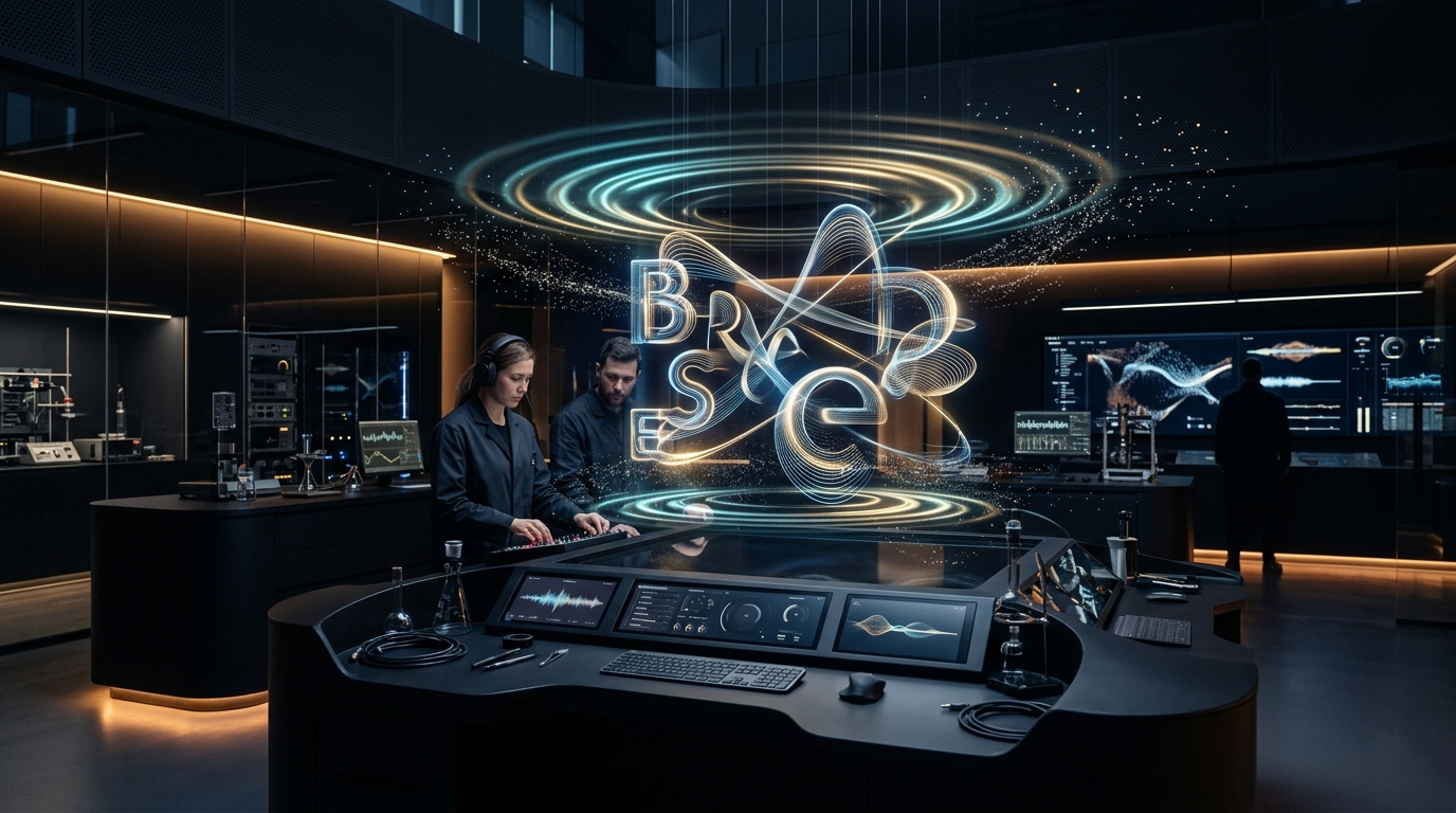 High-end sensory branding laboratory demonstrating kinetic 3D typography, sonic wave ripples, and precision tactile vibration signatures