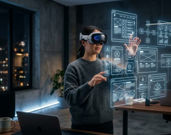 UX designer wearing Apple Vision Pro headset manipulating holographic UI wireframe panels floating in mid-air in a modern studio environment