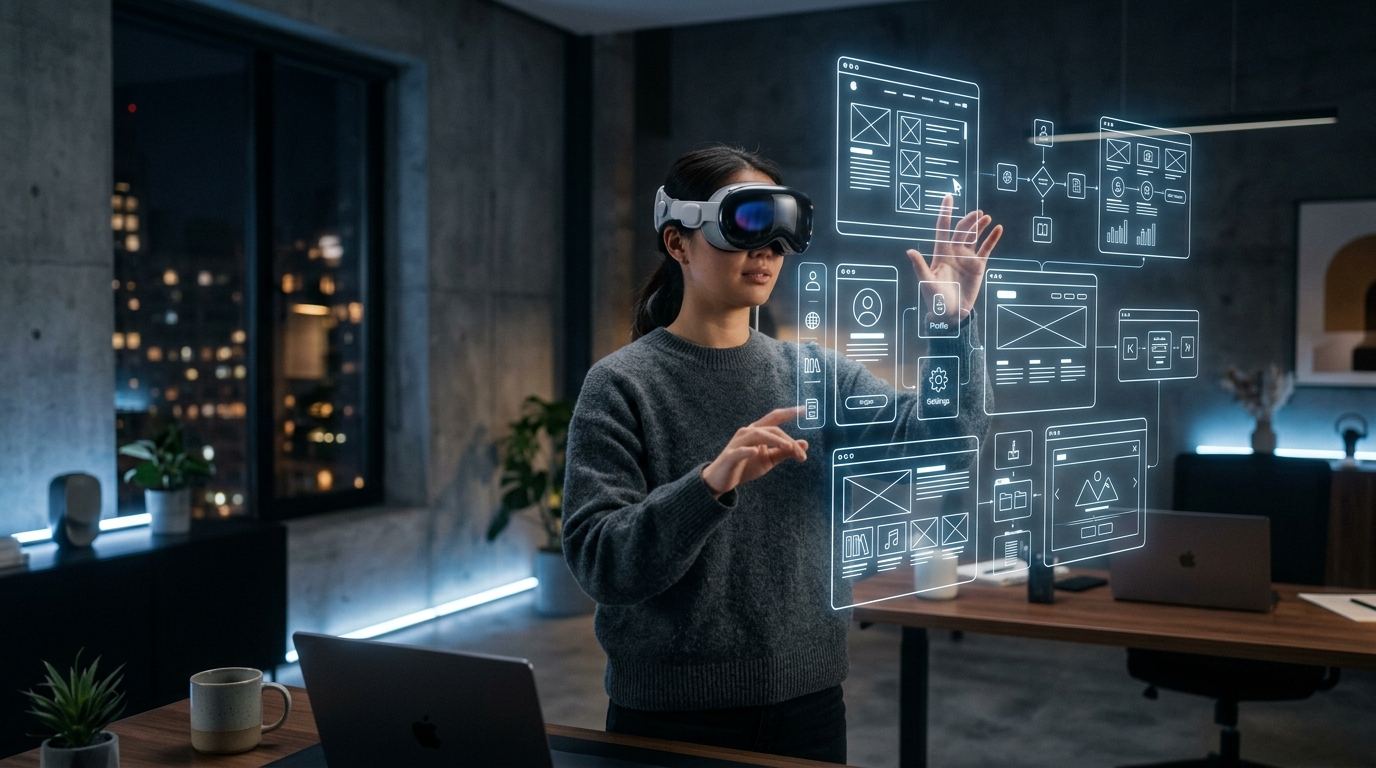 UX designer wearing Apple Vision Pro headset manipulating holographic UI wireframe panels floating in mid-air in a modern studio environment