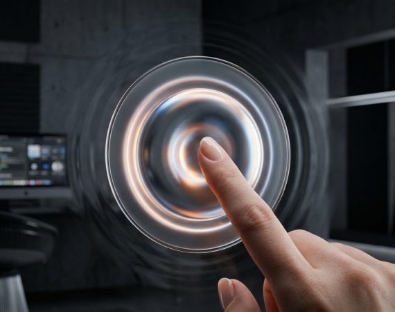 Finger touching floating circular glassmorphic spatial lens button in sharp focus with tactile refractive light dispersion in modern studio