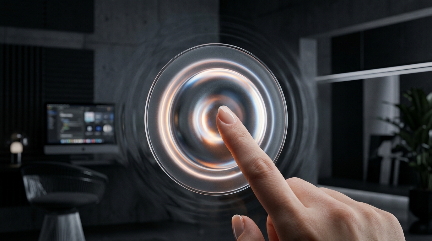 Finger touching floating circular glassmorphic spatial lens button in sharp focus with tactile refractive light dispersion in modern studio