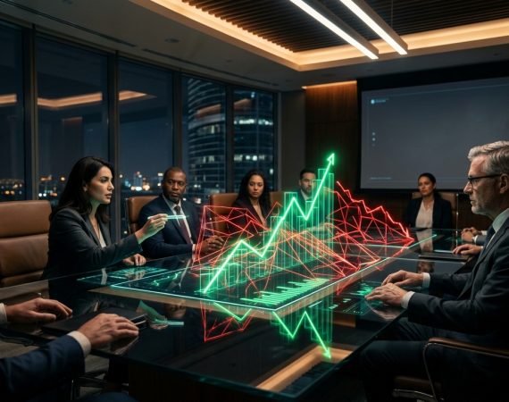 Executive boardroom analyzing enterprise SaaS design debt ROI metrics and UX product valuation graphs