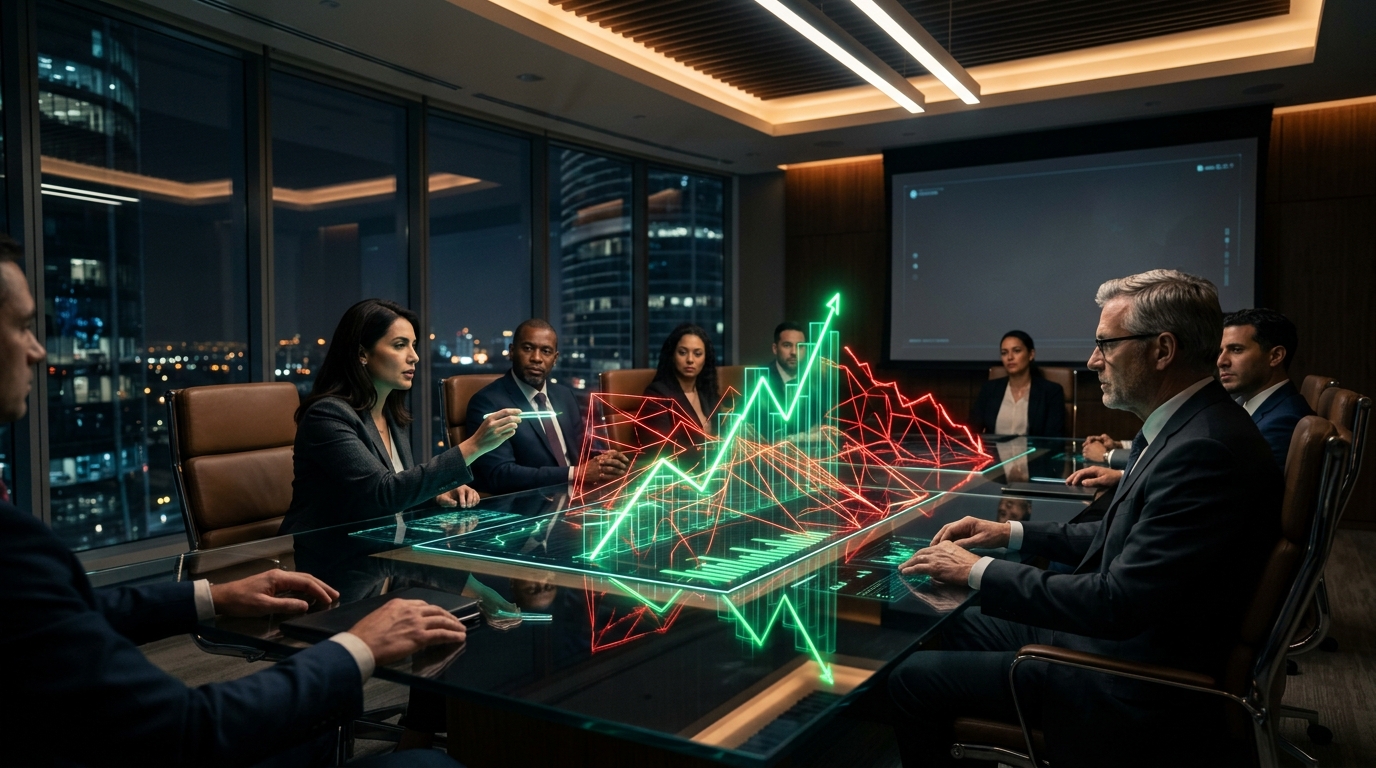 Executive boardroom analyzing enterprise SaaS design debt ROI metrics and UX product valuation graphs