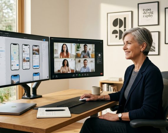 Senior design leader running a remote design team critique session with Figma UI prototypes and video call on dual monitors