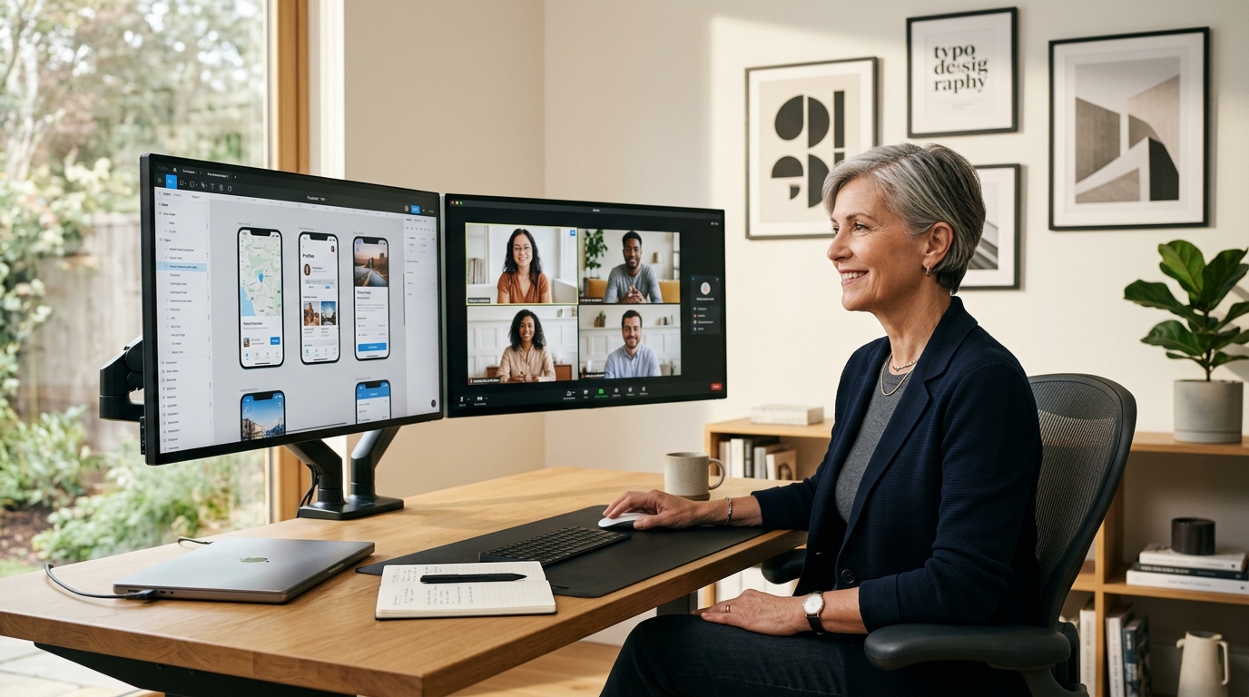 Senior design leader running a remote design team critique session with Figma UI prototypes and video call on dual monitors