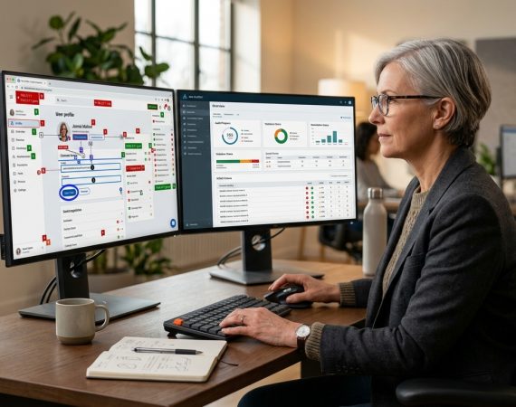 Senior UX designer performing a WCAG accessibility audit on dual monitors showing contrast ratio indicators and compliance dashboard in a professional studio