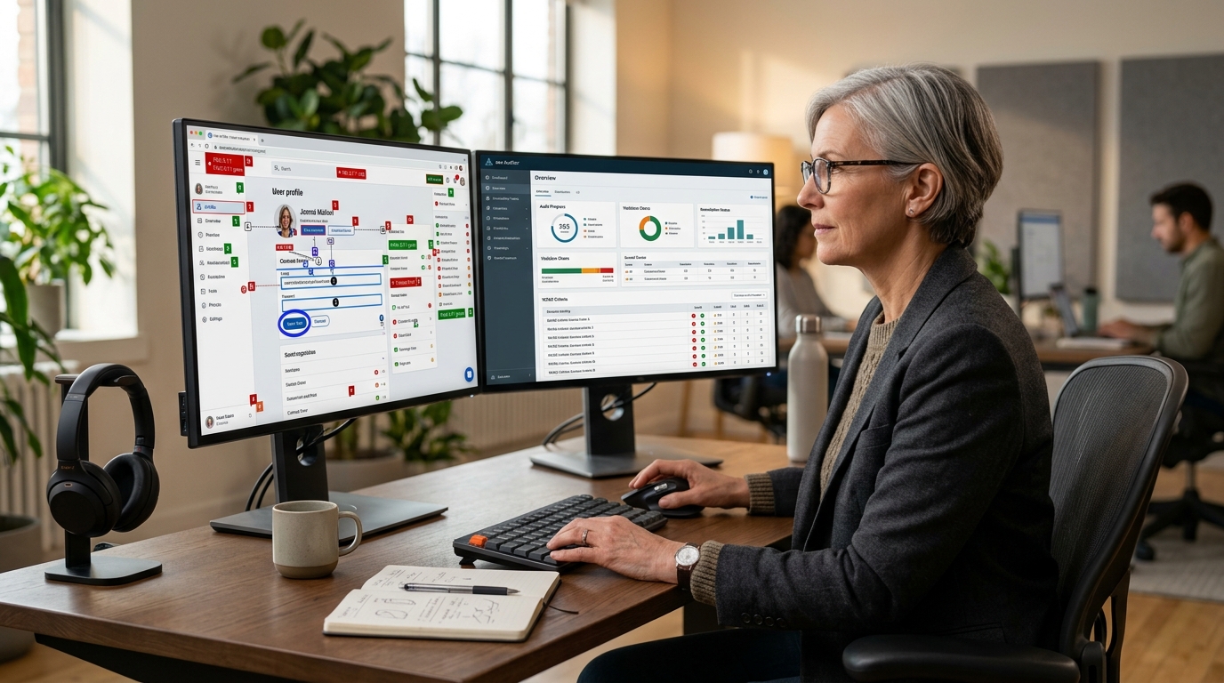 Senior UX designer performing a WCAG accessibility audit on dual monitors showing contrast ratio indicators and compliance dashboard in a professional studio
