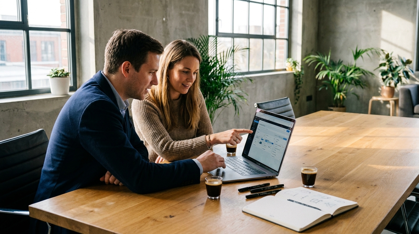 Design director and growth strategist collaborating on a SaaS pricing interface on a laptop