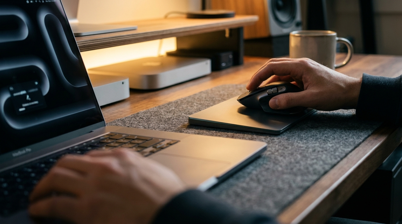 Close-up of designer hand using precision mouse and trackpad while tuning UI micro-animations