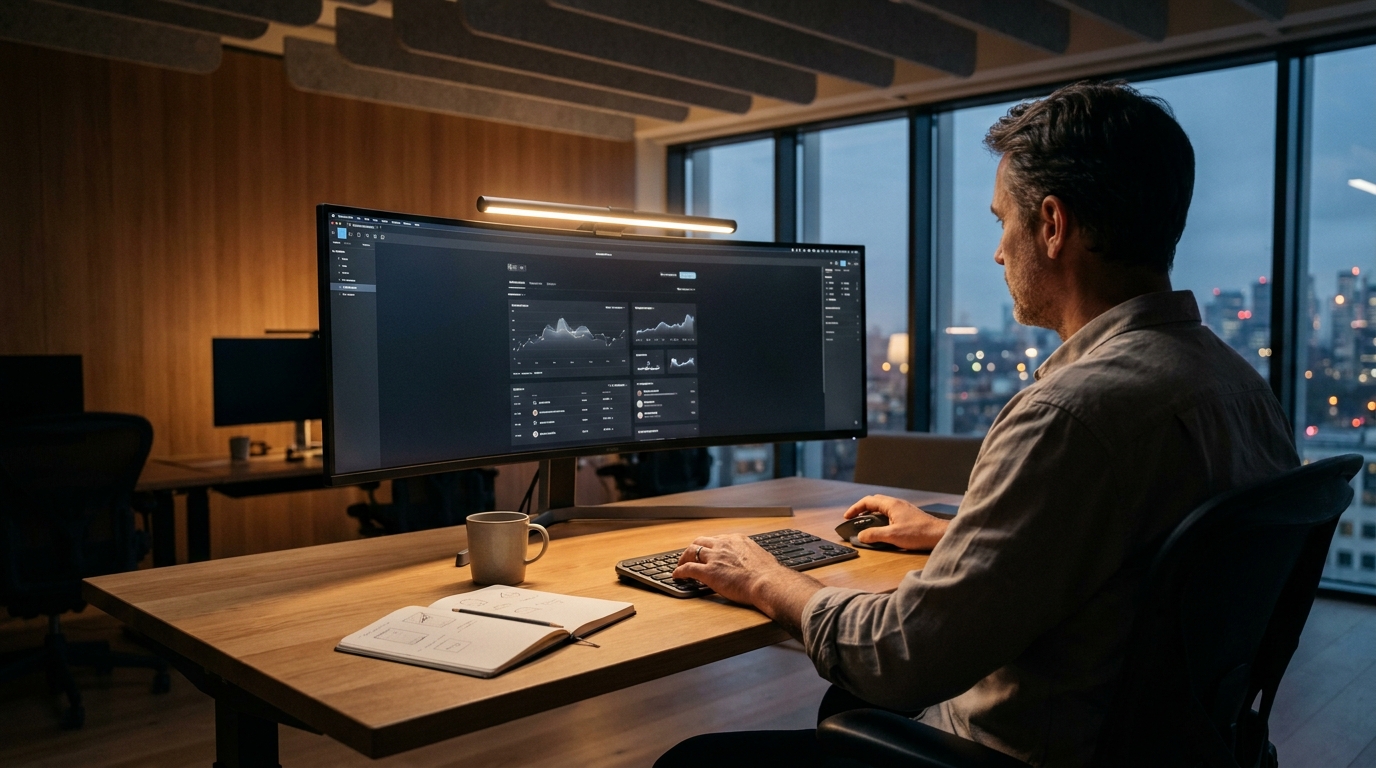Senior UI designer working on local-first web application interface at a modern desk with curved monitor